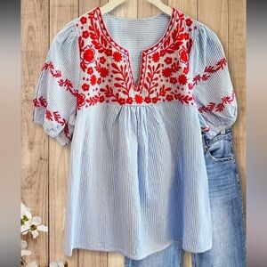 Sage Vell Striped & Floral Embroidery Pretty V Neck T-Shirt